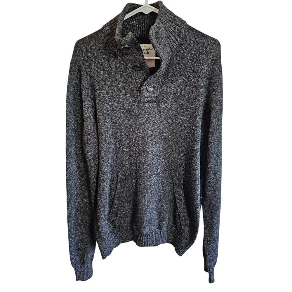 Abercrombie & Fitch Moose Sweater Mens XL Charcoal Heather Shawl Collar 3 Button - Picture 2 of 8